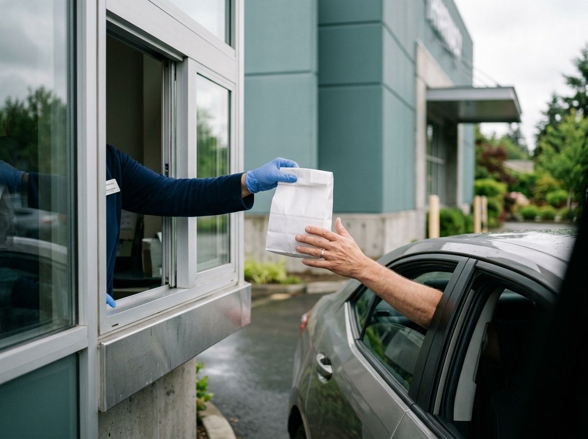 A prescription bag passed out through the drive-thru window to a waiting driver